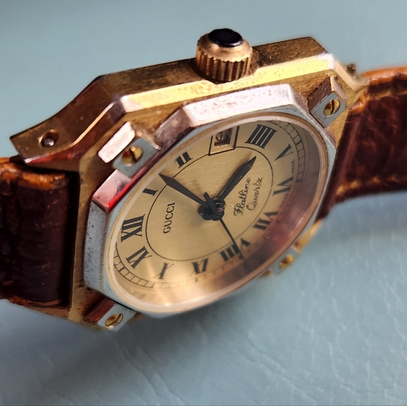80s GUCCI Wrist Clock Roman Numeral Brown Leather Band Silver Gold Octagon Watch - Picture 6 of 16